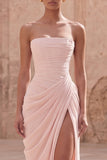 Light Pink Strapless Ruched Sheath Prom Dress with Slit