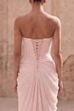 Light Pink Strapless Ruched Sheath Prom Dress with Slit