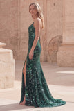 Sparkly Dark Green Mermaid Appliqued Maxi Prom Dress with Slit