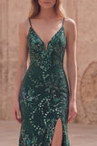Sparkly Dark Green Mermaid Appliqued Maxi Prom Dress with Slit