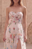 Ivory Floral Strapless A Line Ruched Maxi Prom Dress