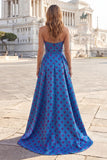 Strapless A Line Blue Polka Dot Prom Dress with Bow