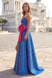 Strapless A Line Blue Polka Dot Prom Dress with Bow