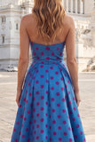 Strapless A Line Blue Polka Dot Prom Dress with Bow