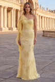 One Shoulder Yellow Mermaid Appliqued Prom Dress