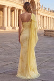 One Shoulder Yellow Mermaid Appliqued Prom Dress