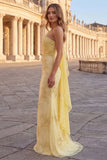 One Shoulder Yellow Mermaid Appliqued Prom Dress