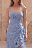 Jacquard Dusty Blue Ruffled Ruched Maxi Prom Dress