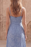 Jacquard Dusty Blue Ruffled Ruched Maxi Prom Dress