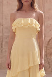 Strapless Ruffled Yellow A Line Maxi Prom Dress