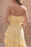 Strapless Ruffled Yellow A Line Maxi Prom Dress