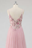 Pink A Line Appliqued Tulle Maxi Prom Dress