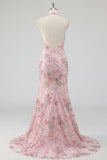 Halter Pink Sequin Mermaid Appliqued Maxi Prom Dress