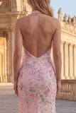 Halter Pink Sequin Mermaid Appliqued Maxi Prom Dress