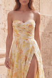 Strapless Printed Ruched Yellow A Line Prom Dress