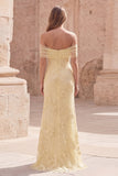 Off the Shoulder Mermaid Appliqued Yellow Maxi Prom Dress