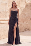 Metallic Strapless Black Ruched Maxi Prom Dress