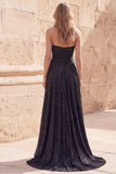 Metallic Strapless Black Ruched Maxi Prom Dress