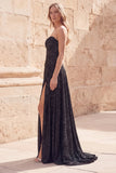 Metallic Strapless Black Ruched Maxi Prom Dress