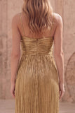 Metallic Gold Sheath Pleated Maxi Prom Dress