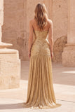Metallic Strapless Gold Ruched A Line Maxi Prom Dress