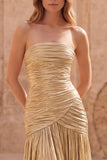 Metallic Strapless Gold Ruched A Line Maxi Prom Dress