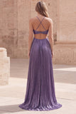 Metallic Halter Purple Cut Out A Line Pleated Maxi Prom Dress