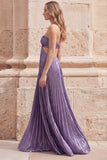Metallic Halter Purple Cut Out A Line Pleated Maxi Prom Dress