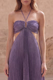 Metallic Halter Purple Cut Out A Line Pleated Maxi Prom Dress
