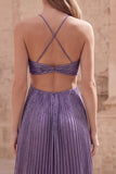Metallic Halter Purple Cut Out A Line Pleated Maxi Prom Dress