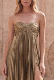 Metallic Strapless Dark Gold Pleated Prom Dress with Slit