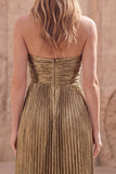 Metallic Strapless Dark Gold Pleated Prom Dress with Slit