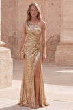 Sparkly One Shoulder Gold Ruched Mermaid Prom Dress