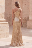 Sparkly One Shoulder Gold Ruched Mermaid Prom Dress