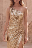 Sparkly One Shoulder Gold Ruched Mermaid Prom Dress