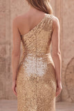 Sparkly One Shoulder Gold Ruched Mermaid Prom Dress