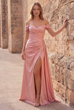 Off the Shoulder Mermaid Satin Ruched Pink Prom Dress