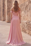 Off the Shoulder Mermaid Satin Ruched Pink Prom Dress