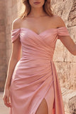 Off the Shoulder Mermaid Satin Ruched Pink Prom Dress