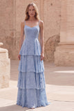 Tiered Jacquard Dusty Blue Maxi Prom Dress