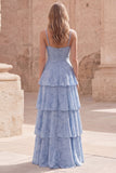 Tiered Jacquard Dusty Blue Maxi Prom Dress
