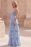 Tiered Jacquard Dusty Blue Maxi Prom Dress