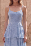 Tiered Jacquard Dusty Blue Maxi Prom Dress