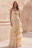 Yellow Floral Strapless Tiered Cut Out Prom Dress