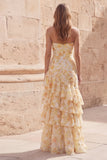 Yellow Floral Strapless Tiered Cut Out Prom Dress