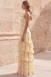 Yellow Floral Strapless Tiered Cut Out Prom Dress