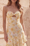 Yellow Floral Strapless Tiered Cut Out Prom Dress