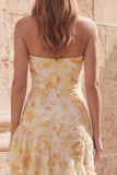 Yellow Floral Strapless Tiered Cut Out Prom Dress