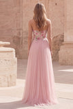 Pink Strapless A Line Appliqued Tulle Prom Dress