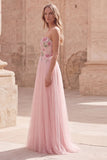 Pink Strapless A Line Appliqued Tulle Prom Dress
